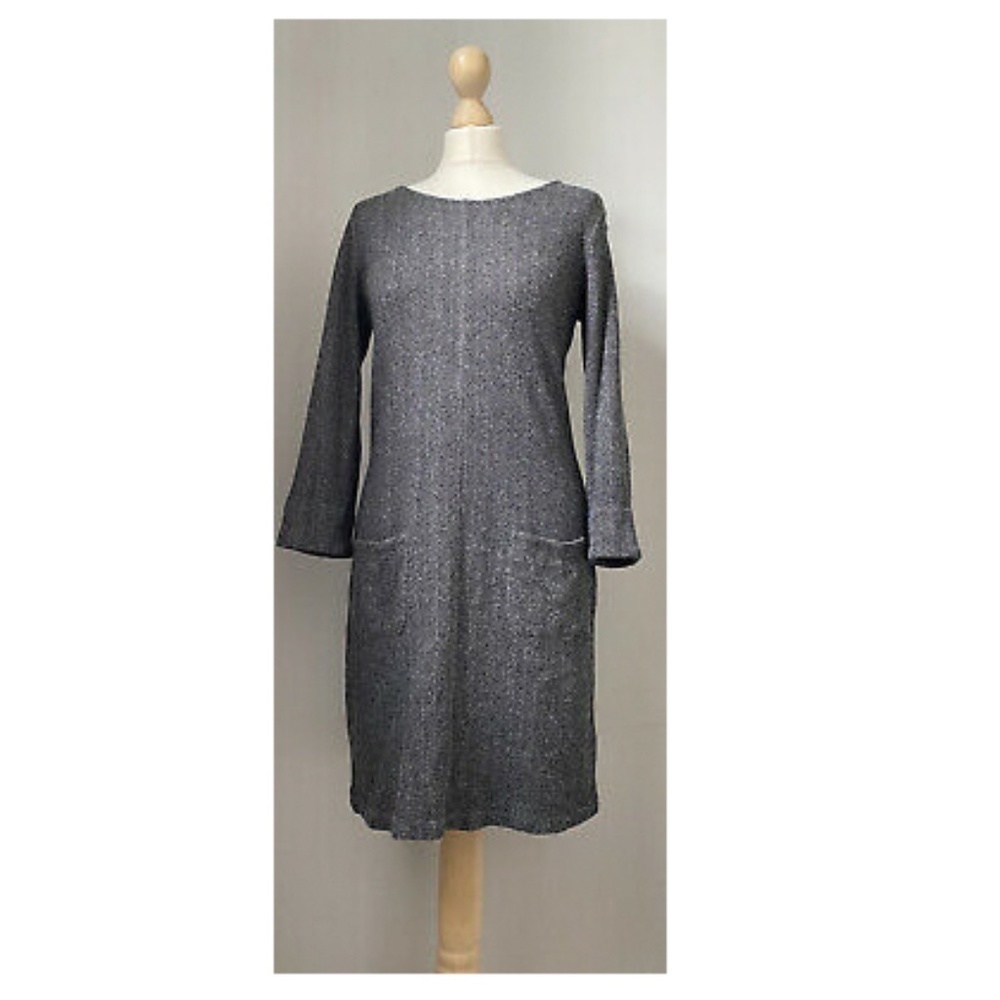 White Stuff Charcoal Herringbone Wool Blend Dress Pockets 3/4 Sleeve US size 4